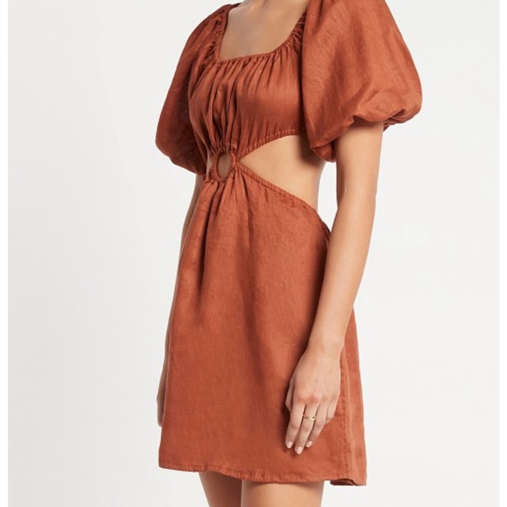 Faithfull the Brand Brown Dress with Puff Sleeves
